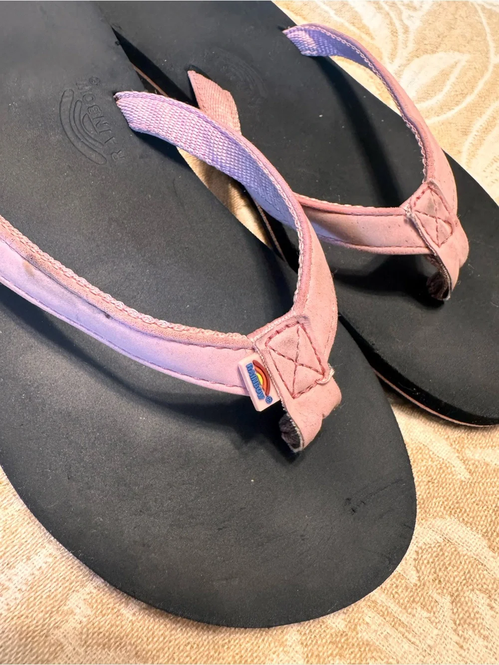 Rainbow Flip Flops Girls Size 4/5 | Pink Straps | Classic Black Sole